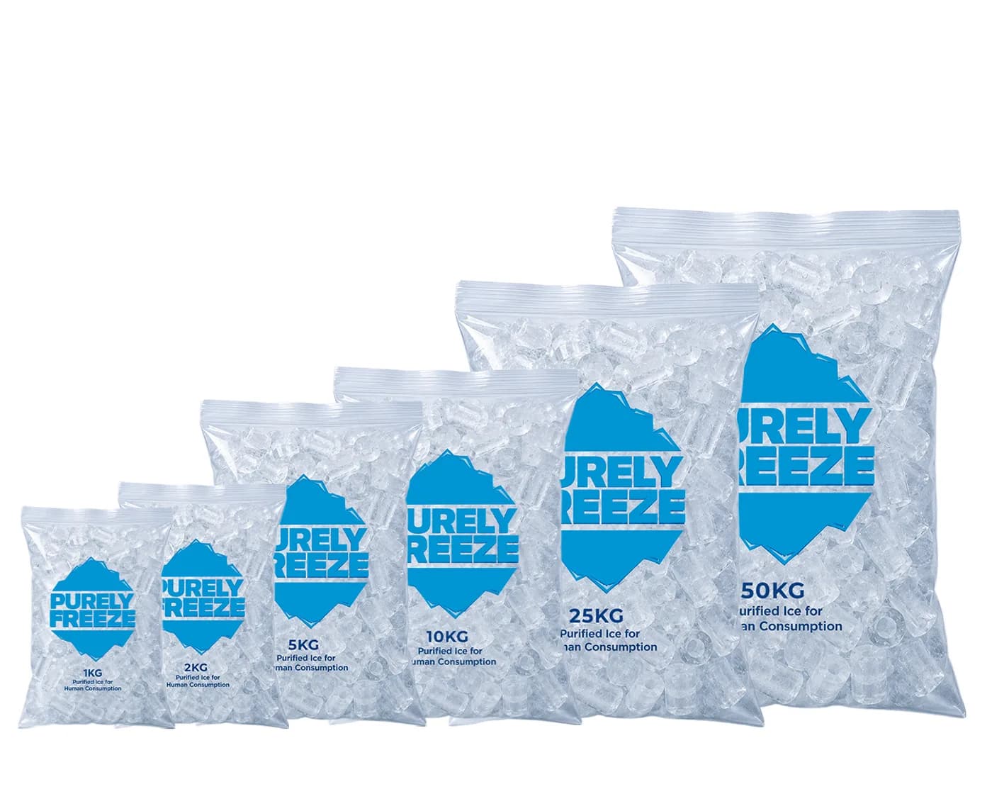 Purely Freeze tube ice - all six bag sizes from 1kg to 50kg